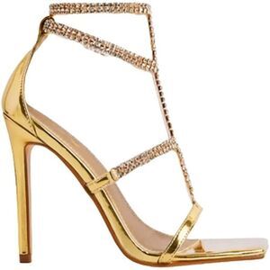 GOLD RHINESTONE SANDALS HEELS | GOLD RHINESTONE STRAPPY CHAIN SANDAL